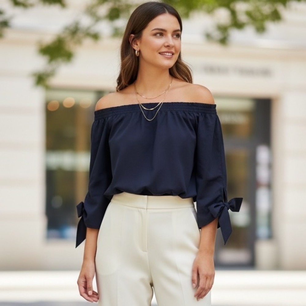 Tibi Navy Poplin Off Shoulder Tie Sleeve Cotton Blouse Size 4